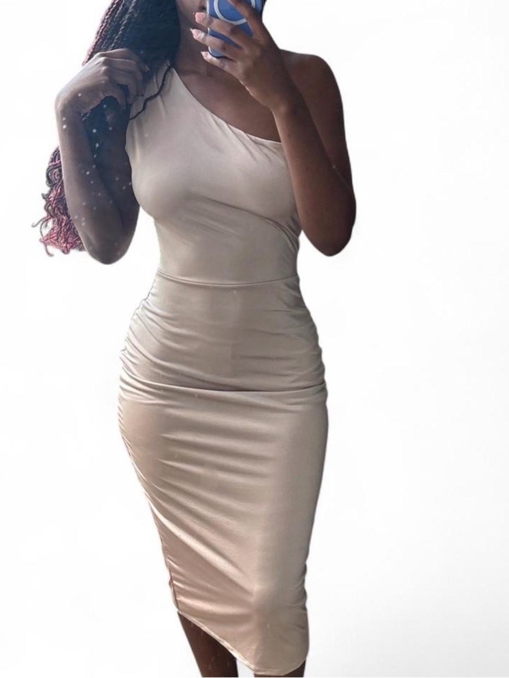 One-Shoulder Backless Midi Dress in Beige